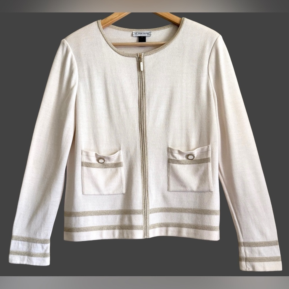 ST. JOHN SPORT Preppy Business Casual Elegant Santana Knit Full Zip Cardigan L
